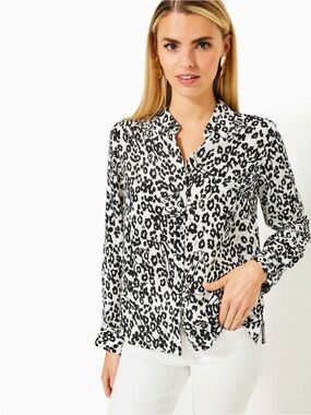 Lily Pulitzer 100% Silk Kiran Button Down Top Leopard Animal Print Size M